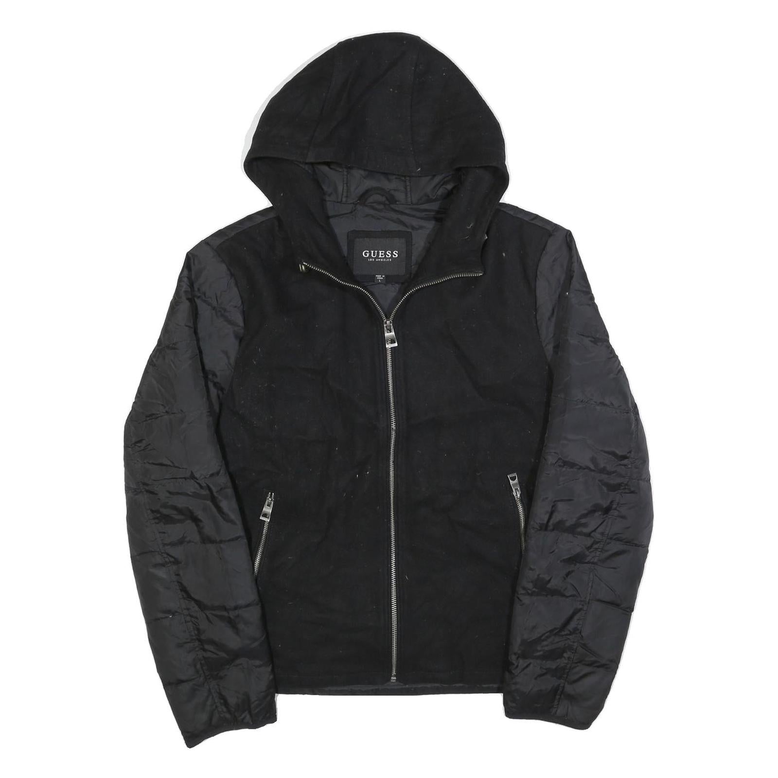 GUESS Womens Black Wool Blend Hooded Zip Jacket L Outerwear Quilted Lightweight