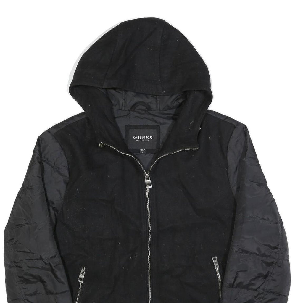 GUESS Womens Black Wool Blend Hooded Zip Jacket L Outerwear Quilted Lightweight