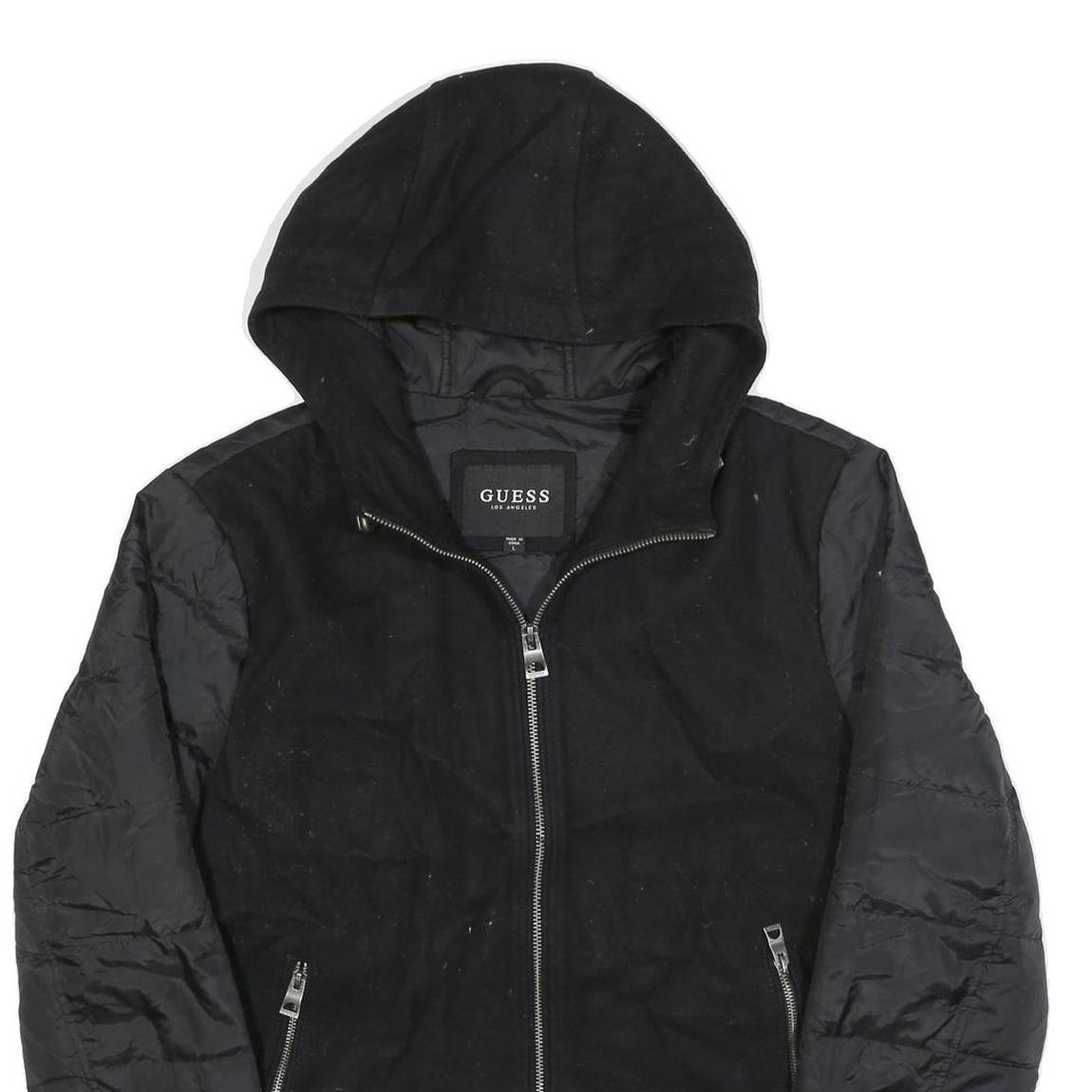 GUESS Womens Black Wool Blend Hooded Zip Jacket L Outerwear Quilted Lightweight