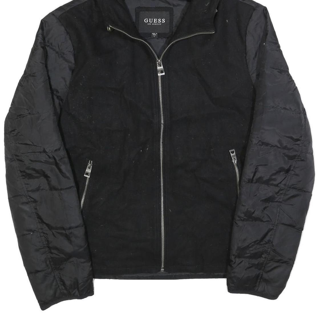 GUESS Womens Black Wool Blend Hooded Zip Jacket L Outerwear Quilted Lightweight