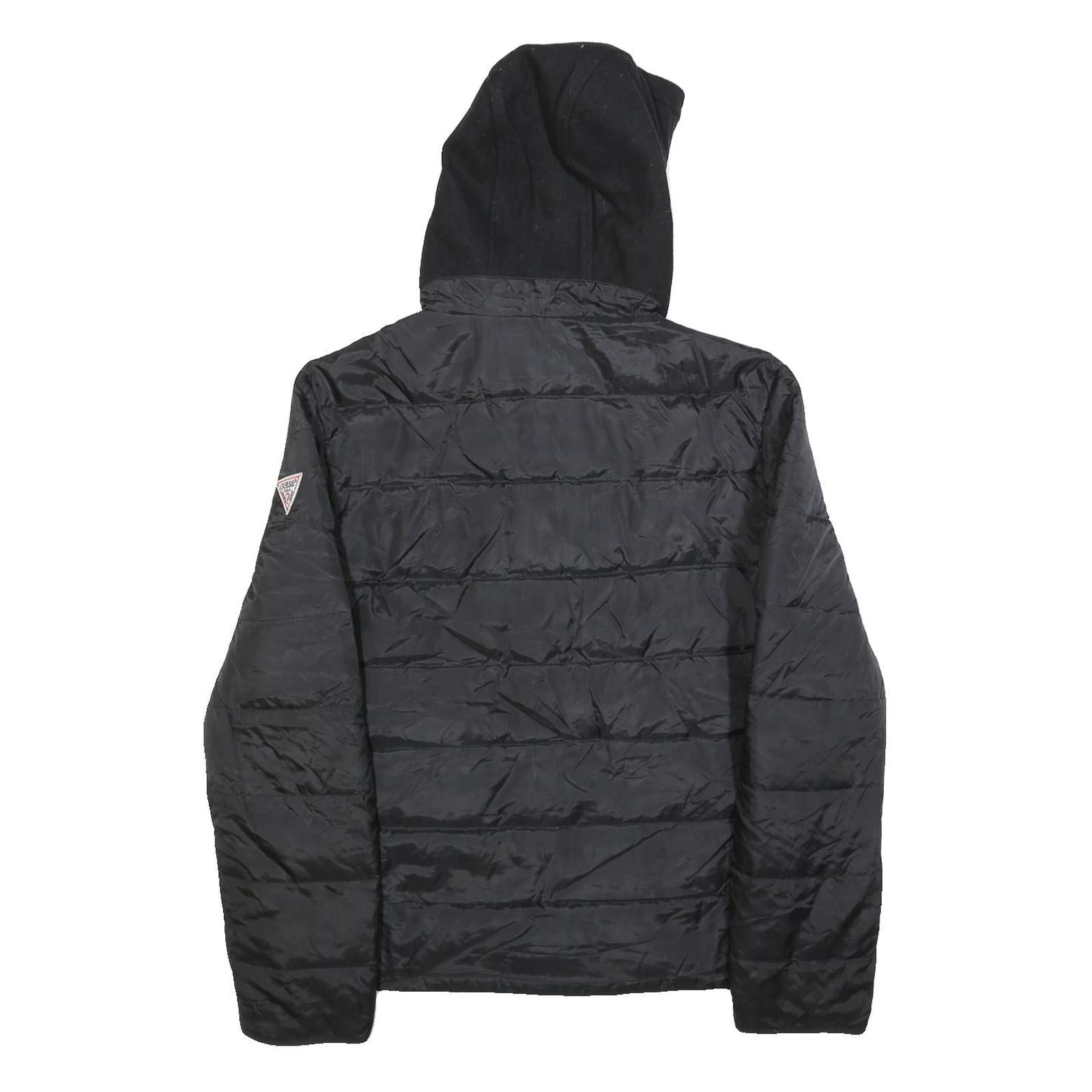 GUESS Womens Black Wool Blend Hooded Zip Jacket L Outerwear Quilted Lightweight