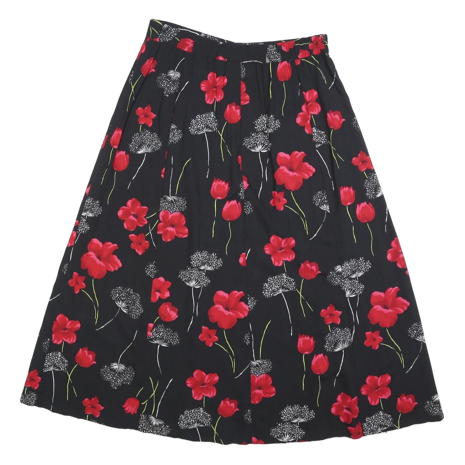 SAG HARBOR Womens Black Red Floral Button Midi Cotton Blend Skirt M Classic
