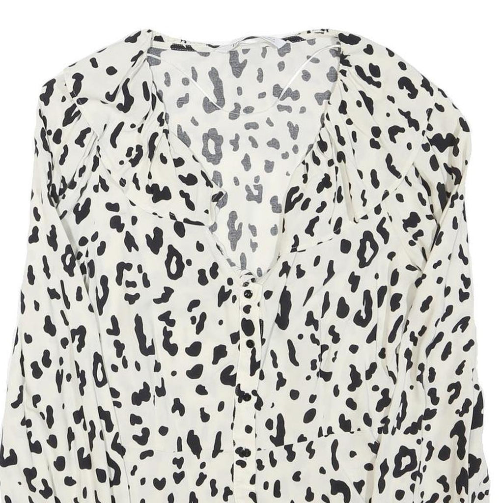 ZARA Womens Cream & Black Printed Blouse Long Sleeve V-Neck S Stylish Top