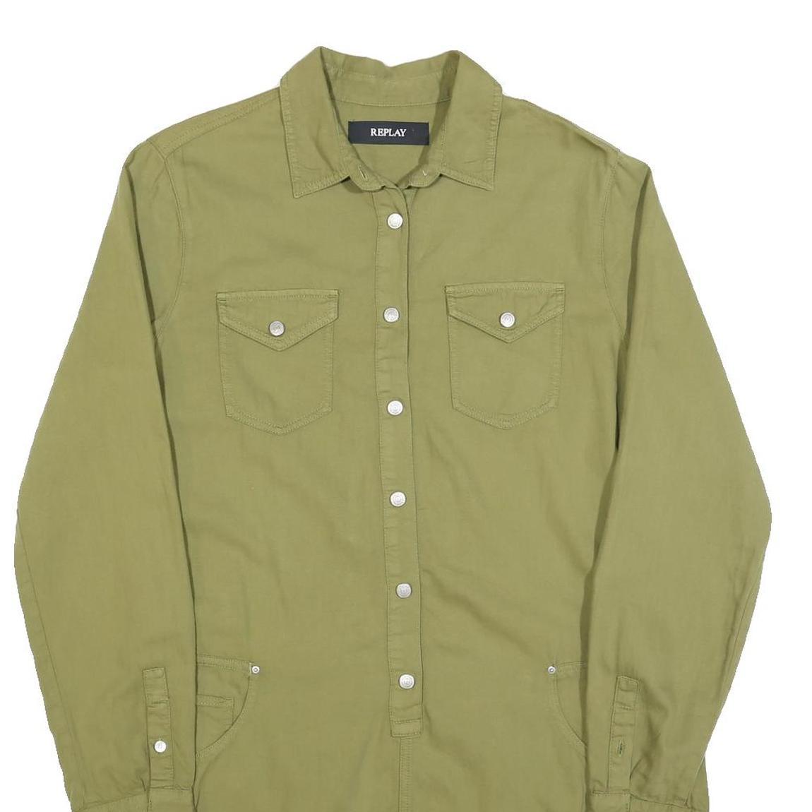 REPLAY Womens Green Shirt Dress Cotton Long Sleeve XL Casual Button Detail