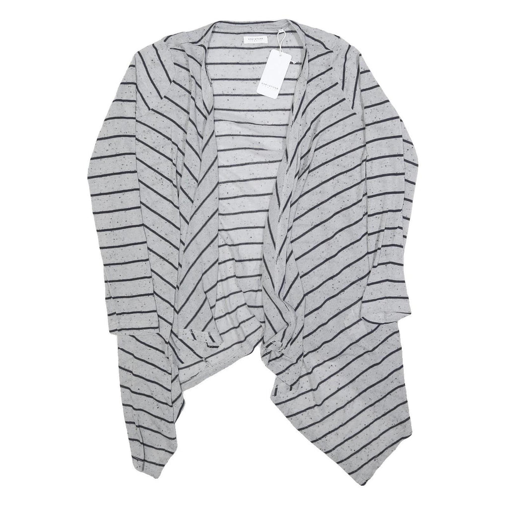 GREYSTONE Womens Grey Black Stripe Open Front Long Sleeve Top L Cotton Blend