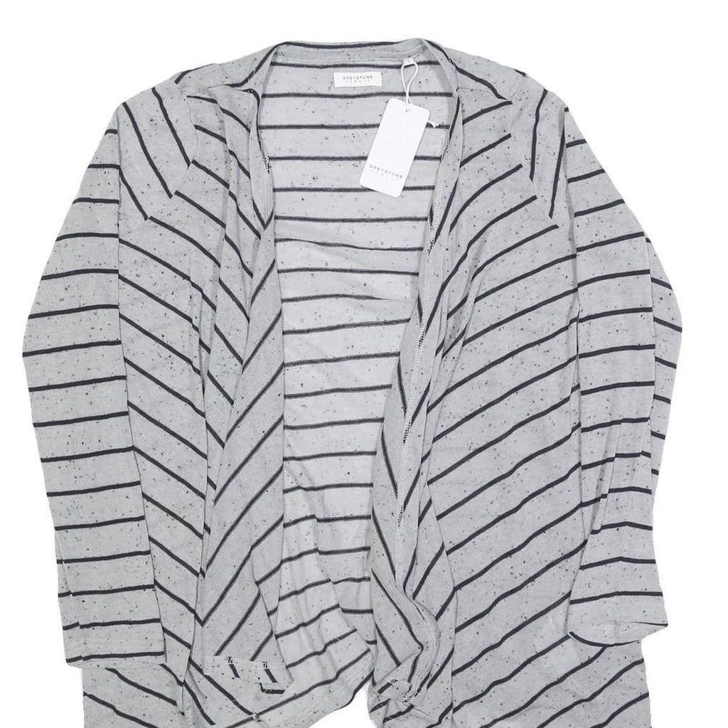 GREYSTONE Womens Grey Black Stripe Open Front Long Sleeve Top L Cotton Blend