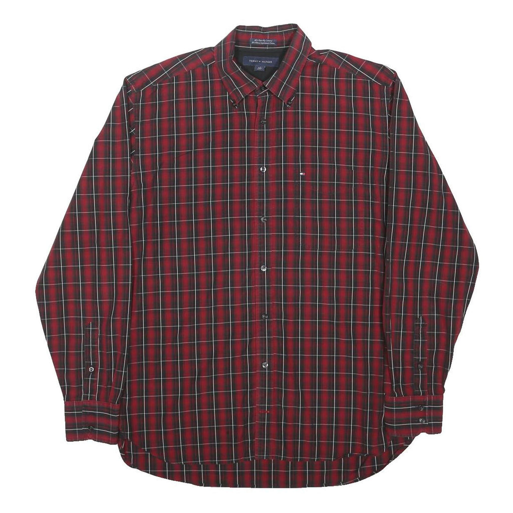 TOMMY HILFIGER Mens Red & Black Checked Shirt L Cotton Blend Long Sleeve Casual