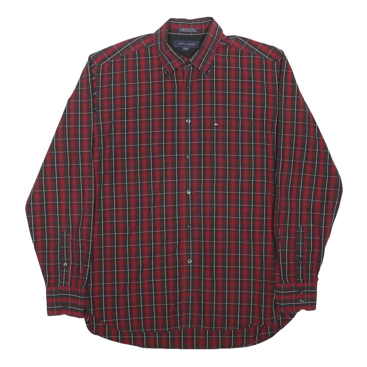 TOMMY HILFIGER Mens Red & Black Checked Shirt L Cotton Blend Long Sleeve Casual
