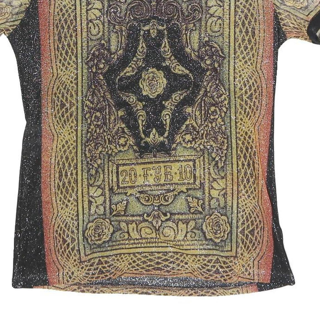 NICOLA Womens Black Printed Top Short Sleeve Round Neck M Glitter Sheer