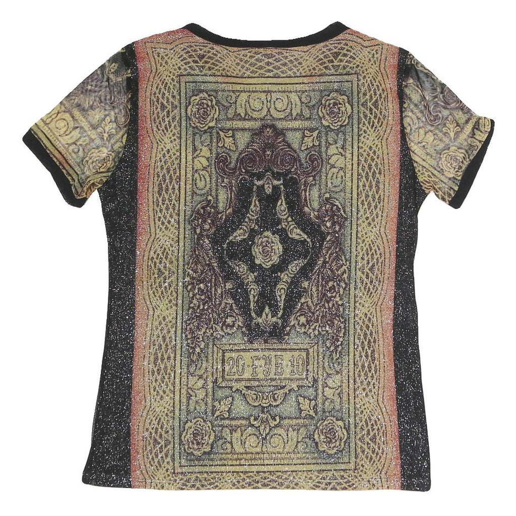 NICOLA Womens Black Printed Top Short Sleeve Round Neck M Glitter Sheer