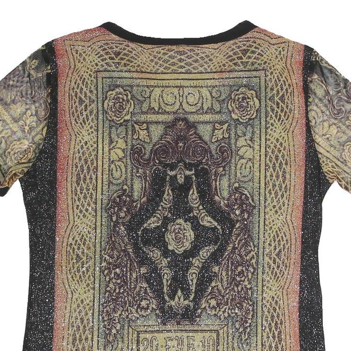 NICOLA Womens Black Printed Top Short Sleeve Round Neck M Glitter Sheer