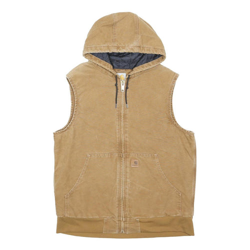 CARHARTT Mens Beige Hooded Sleeveless Zip Cotton Jacket L Workwear