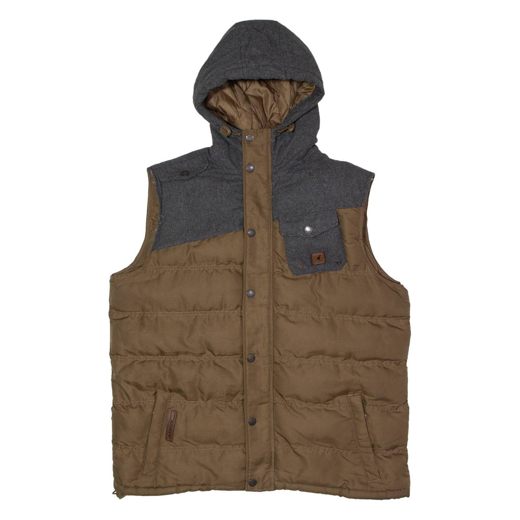 KANGOL Mens Puffer Jacket Brown Wool Hooded Colourblock L