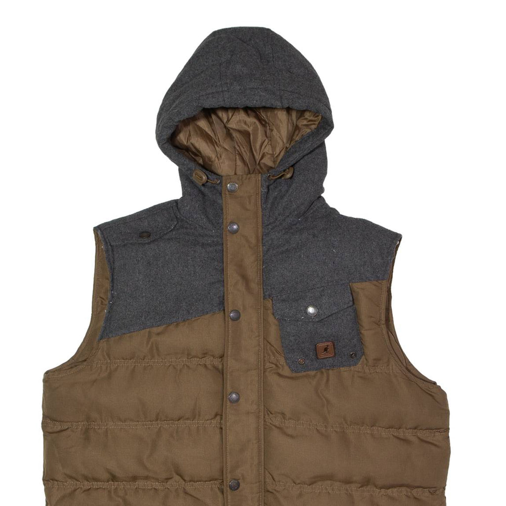 KANGOL Mens Puffer Jacket Brown Wool Hooded Colourblock L