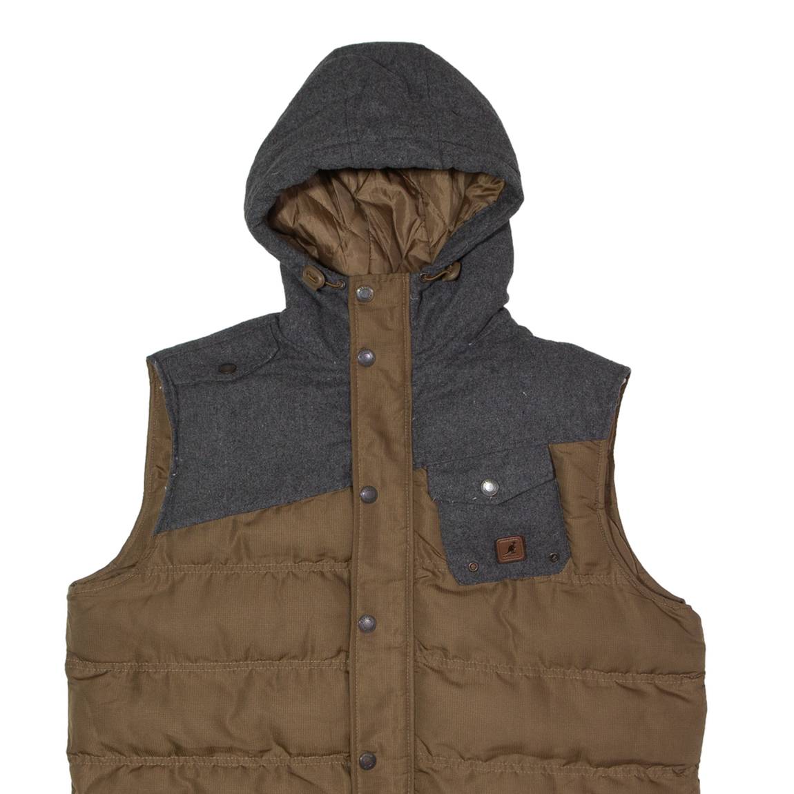 KANGOL Mens Puffer Jacket Brown Wool Hooded Colourblock L