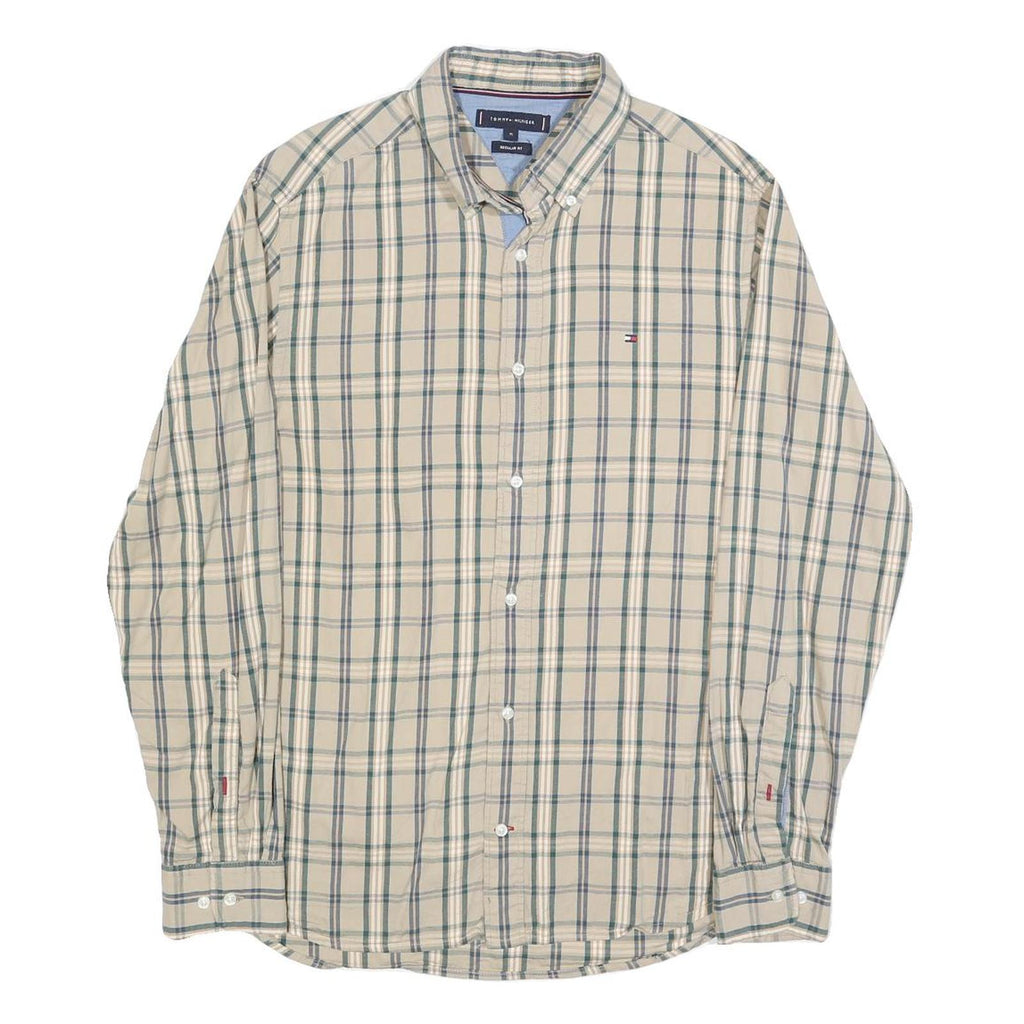 TOMMY HILFIGER Mens Beige & Green Check Shirt M Button Down Long Sleeve Cotton