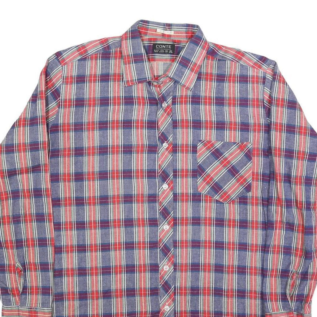 CONTE Mens Blue & Red Plaid Shirt L Cotton Blend Casual Long Sleeve Button
