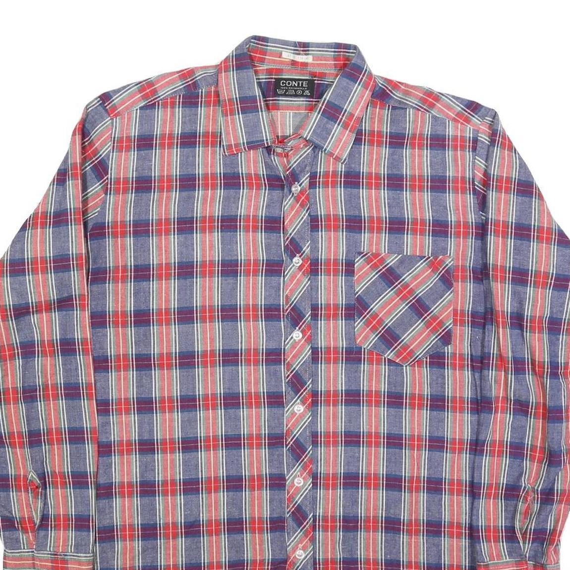 CONTE Mens Blue & Red Plaid Shirt L Cotton Blend Casual Long Sleeve Button