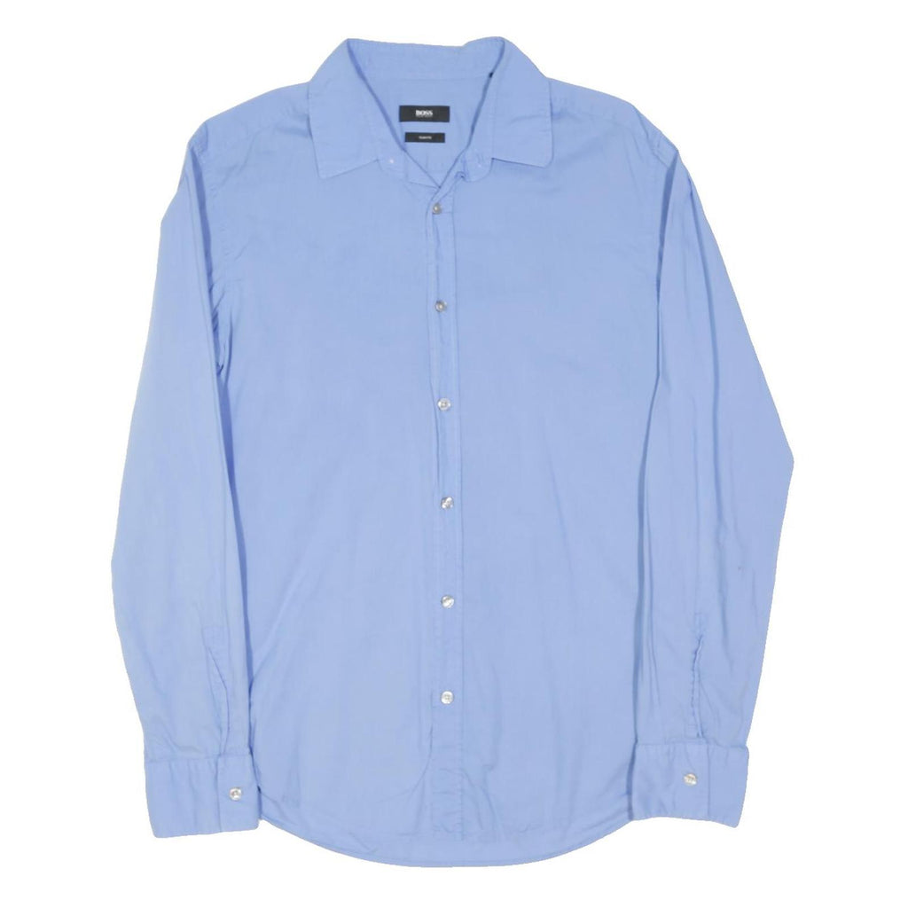 BOSS HUGO BOSS Mens Blue Plain Shirt M Cotton Blend Long Sleeve Formal