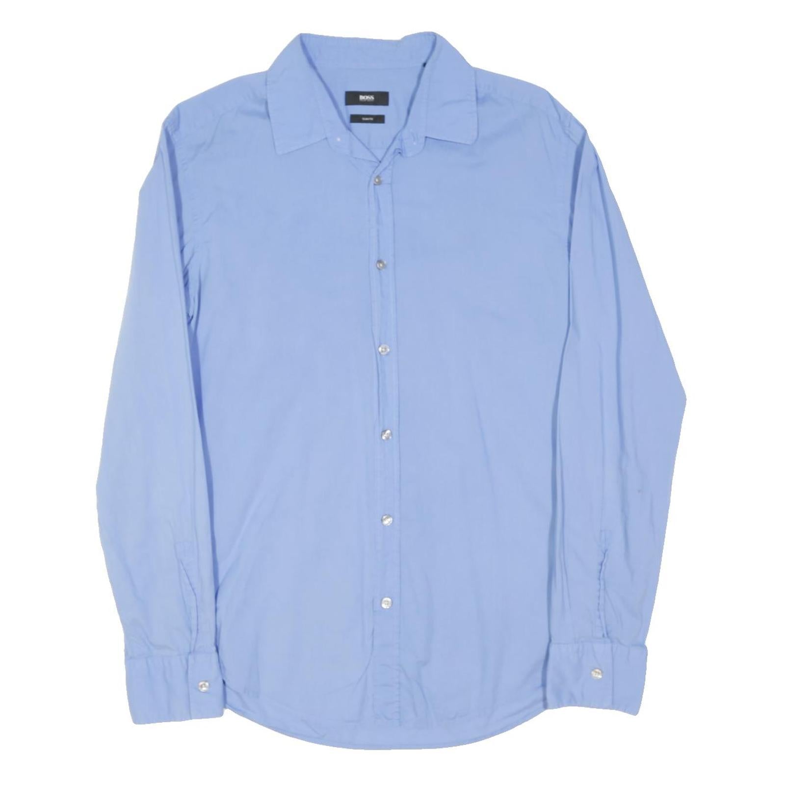 BOSS HUGO BOSS Mens Blue Plain Shirt M Cotton Blend Long Sleeve Formal