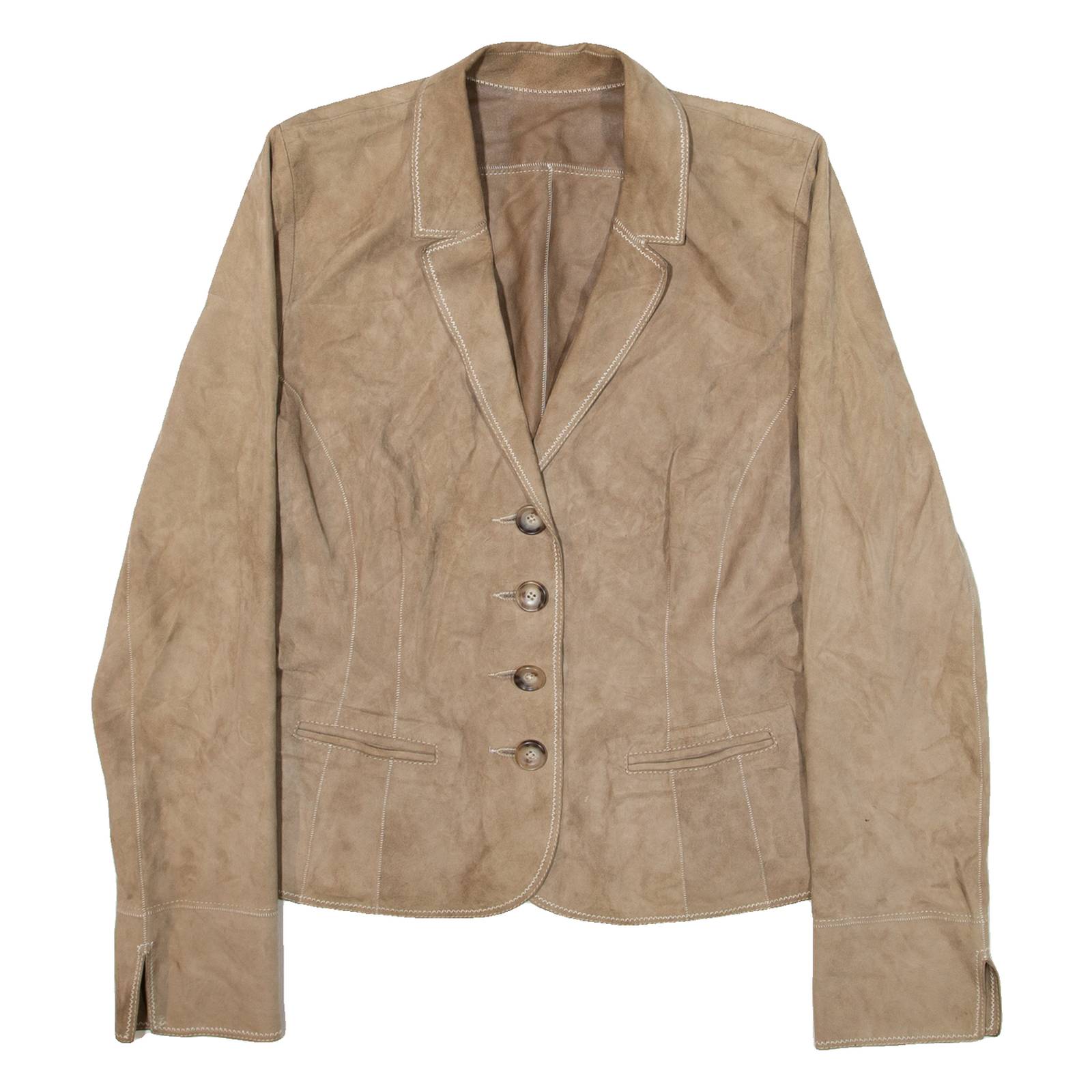 PEARLS Womens Blazer Jacket Beige Leather Suede S