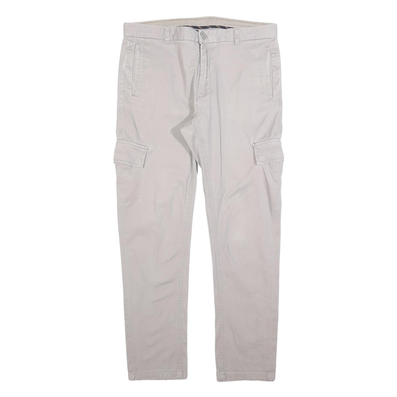 TAILORED Mens Cotton Blend Slim Beige Cargo Trousers W34 L30 Casual Zip
