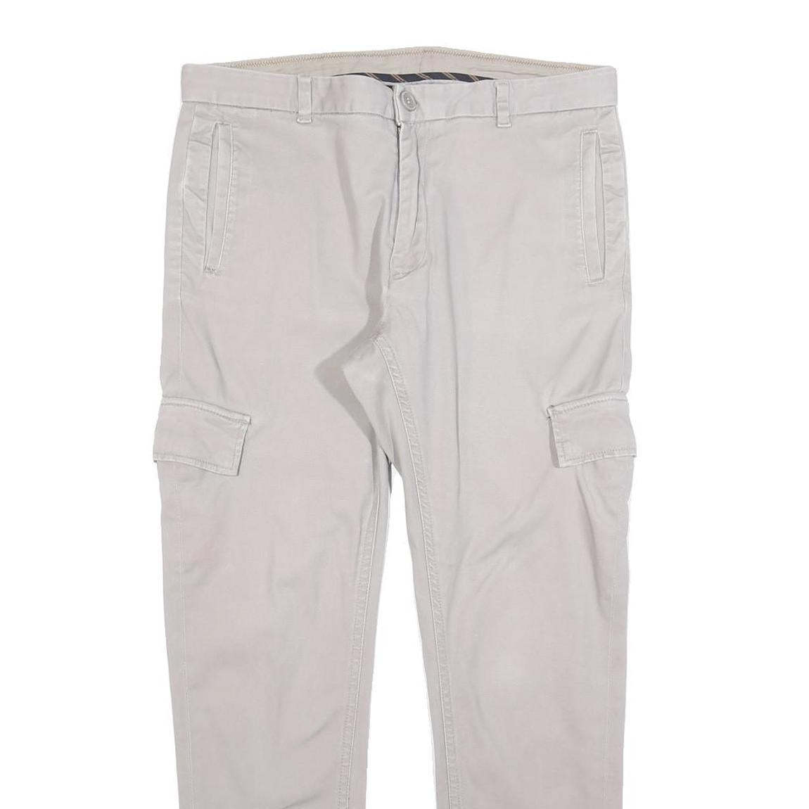 TAILORED Mens Cotton Blend Slim Beige Cargo Trousers W34 L30 Casual Zip