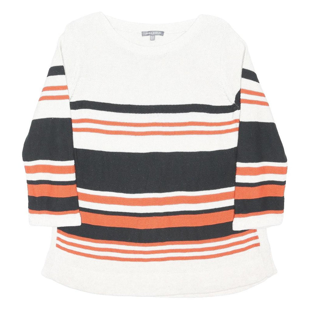 LAURA ASHLEY Womens White & Orange Striped Pattern Jumper Crew Neck Basic Knit