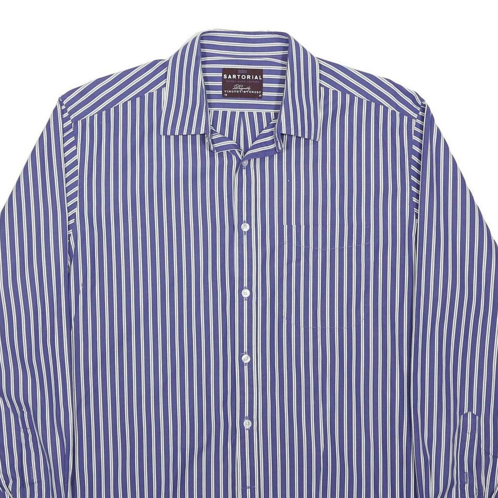 MARKS & SPENCER Mens Blue & White Striped Shirt L Long Sleeve Cotton Blend