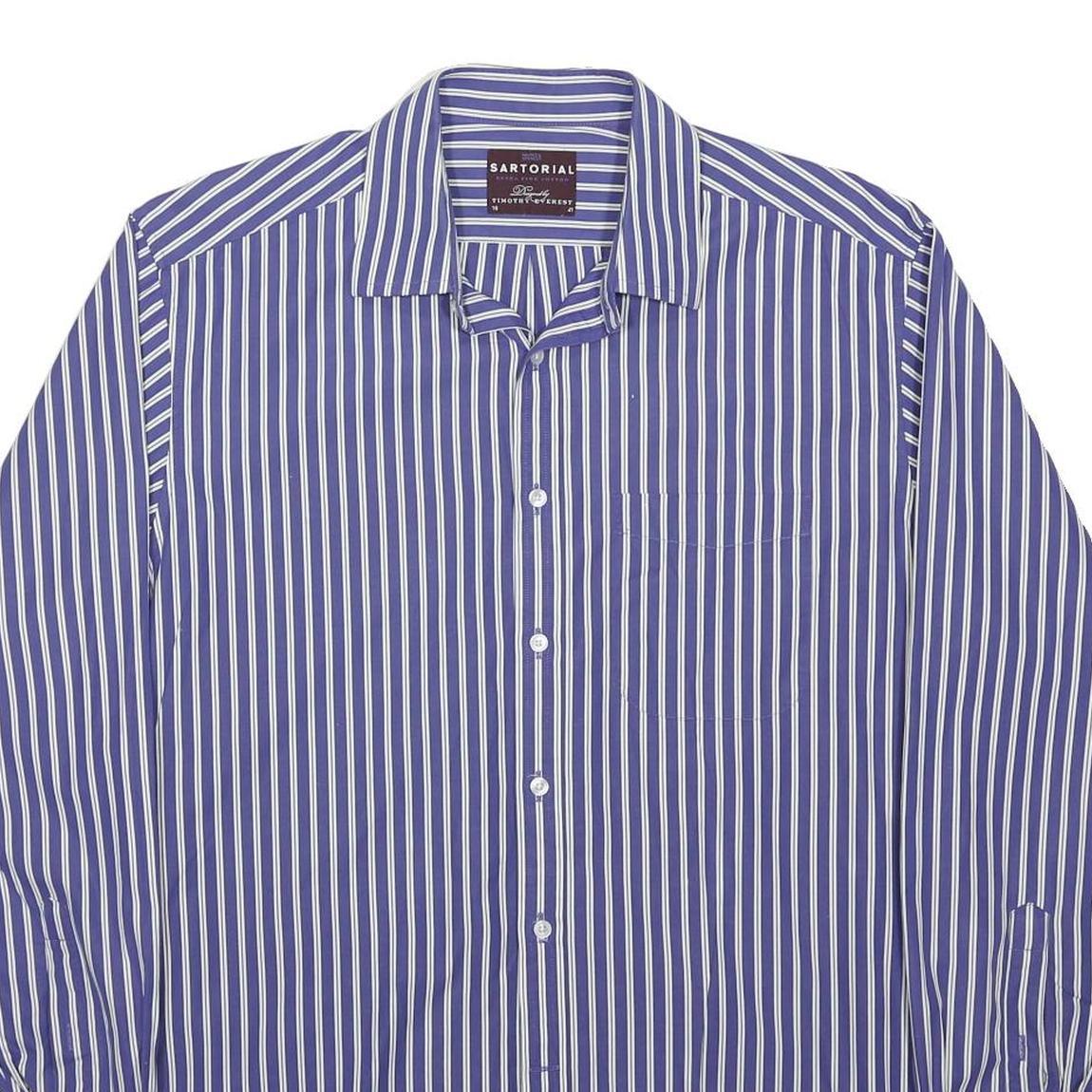 MARKS & SPENCER Mens Blue & White Striped Shirt L Long Sleeve Cotton Blend