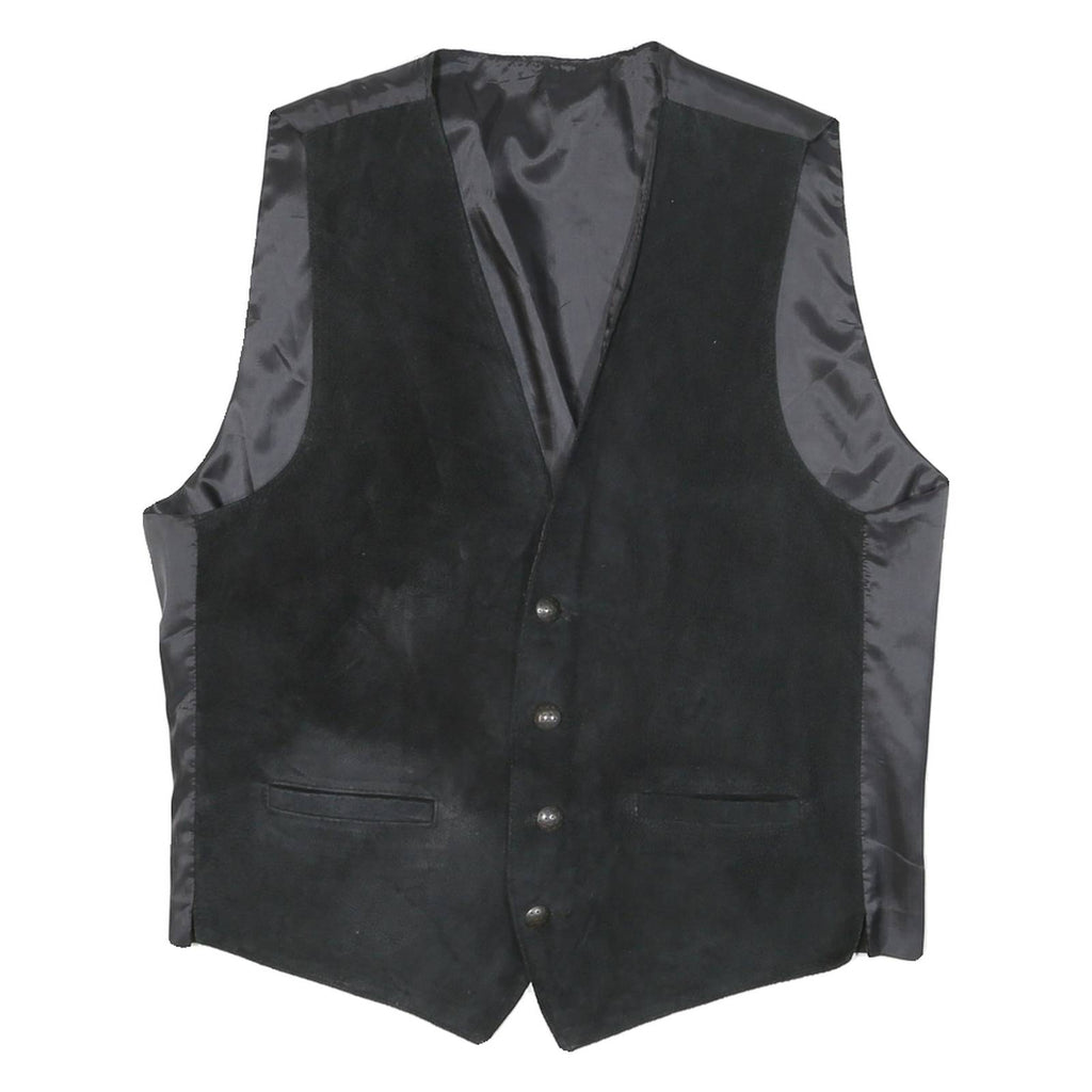 Mens Black Wax Leather Waistcoat Tailored Fit M Button Closure Plain