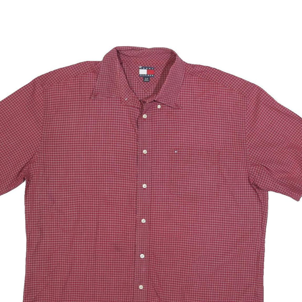 TOMMY HILFIGER Mens Red Checked Shirt XL Short Sleeve Cotton Blend Casual