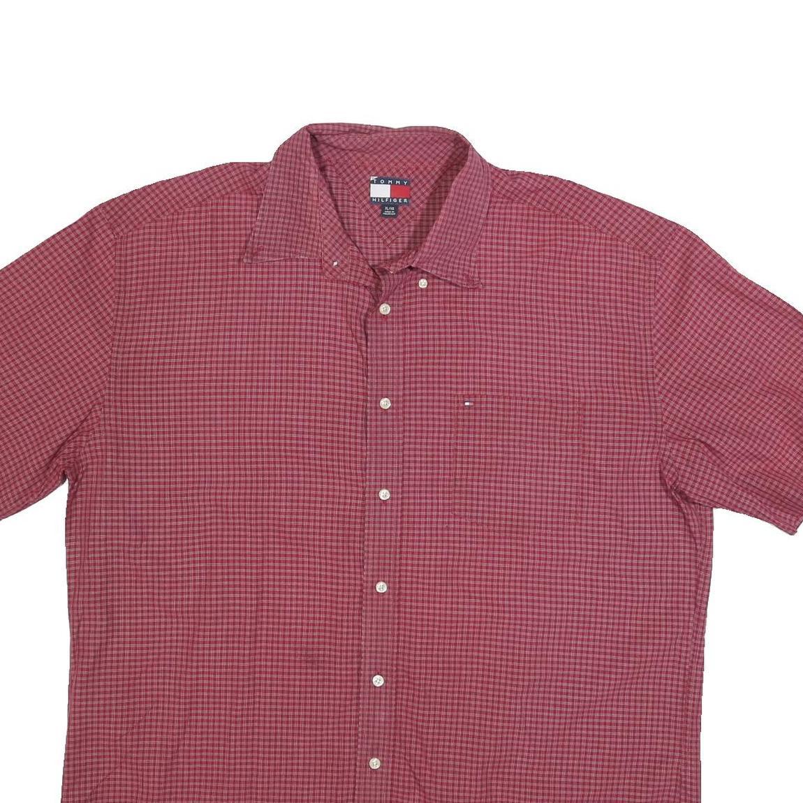 TOMMY HILFIGER Mens Red Checked Shirt XL Short Sleeve Cotton Blend Casual