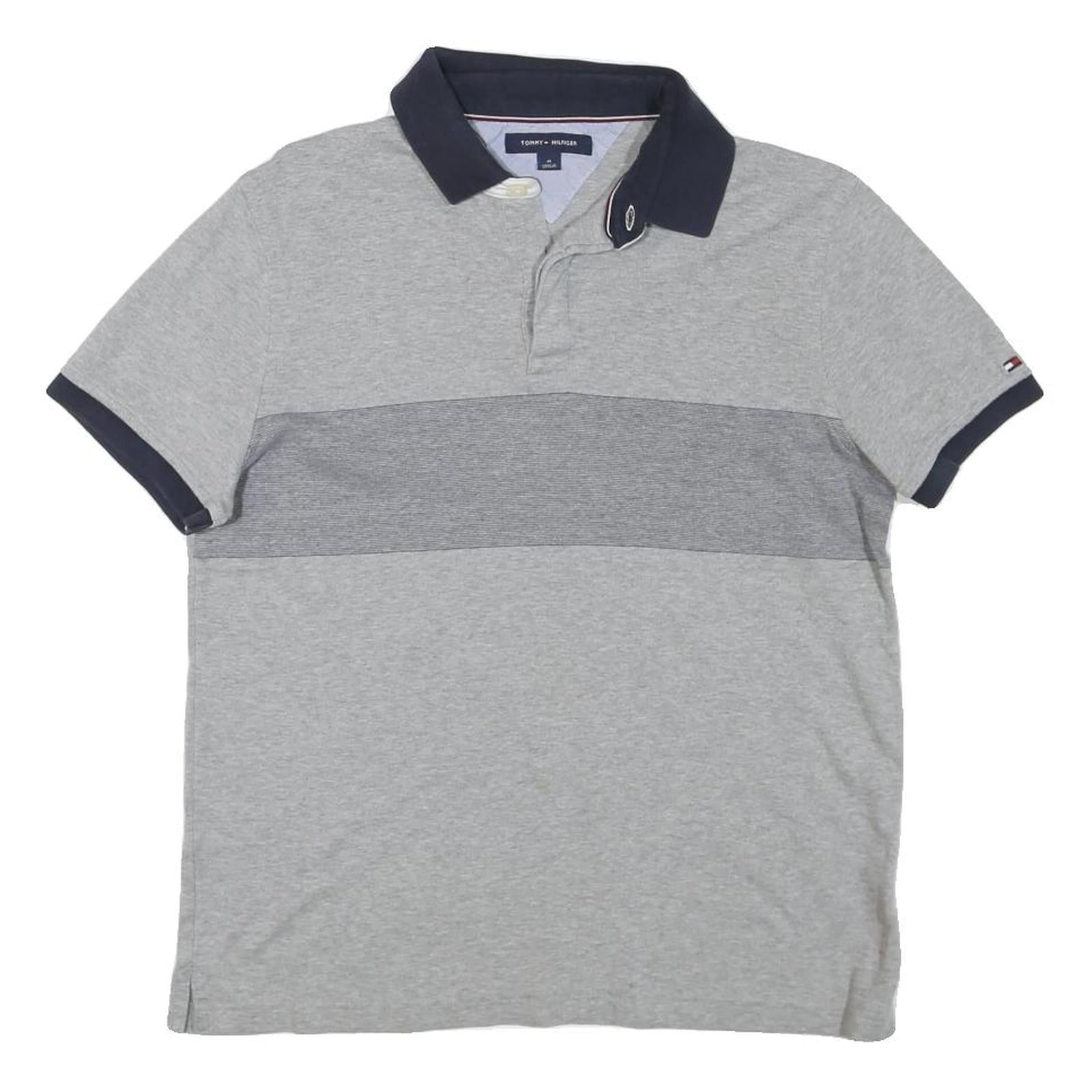 TOMMY HILFIGER Mens Grey & Navy Short Sleeve Colourblock Polo Shirt M Cotton