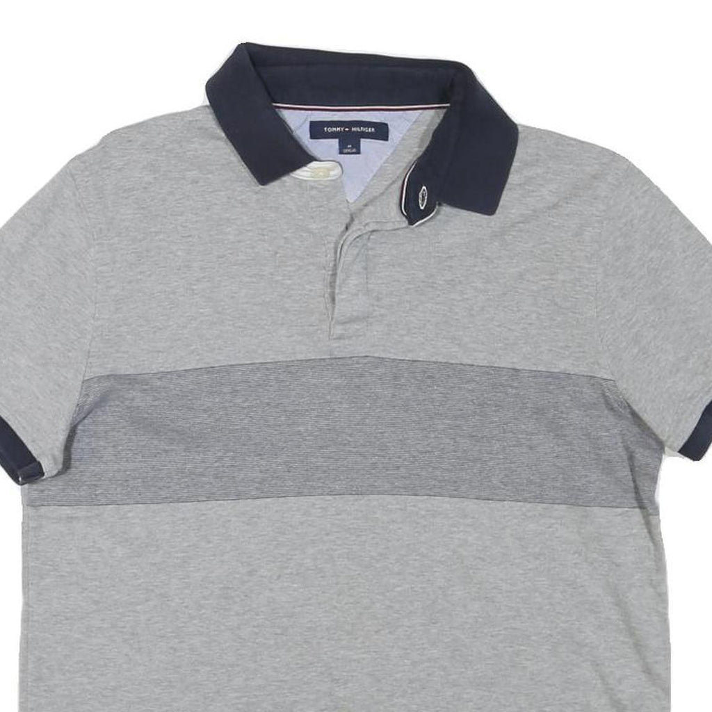 TOMMY HILFIGER Mens Grey & Navy Short Sleeve Colourblock Polo Shirt M Cotton