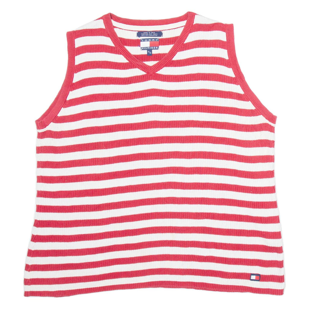 TOMMY HILFIGER Womens Jumper Red Striped V-Neck Tight Knit Sleeveless XL