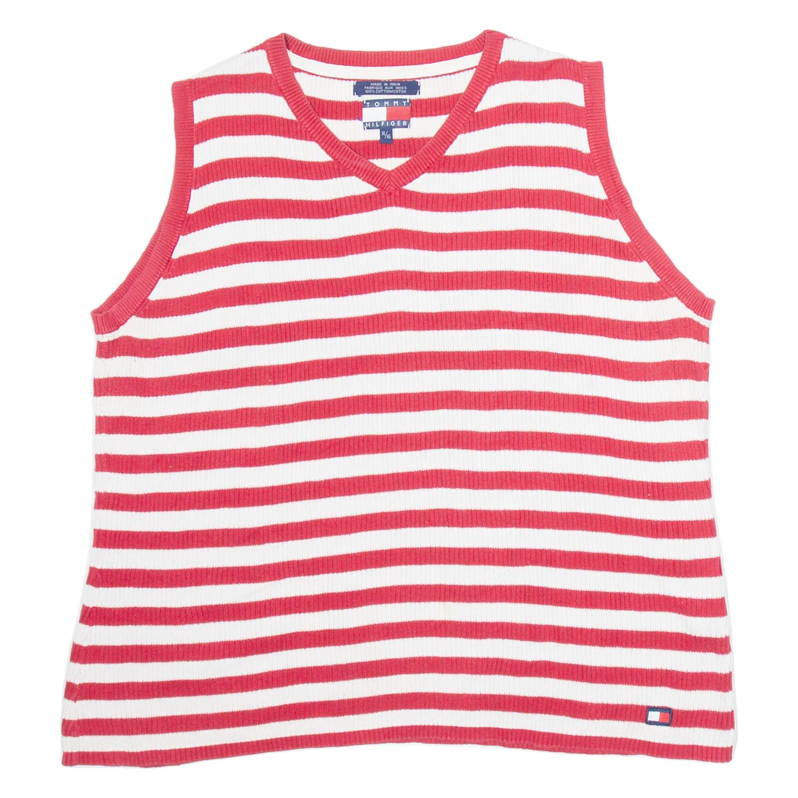 TOMMY HILFIGER Womens Jumper Red Striped V-Neck Tight Knit Sleeveless XL