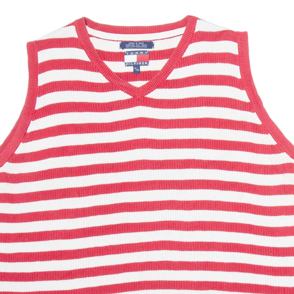 TOMMY HILFIGER Womens Jumper Red Striped V-Neck Tight Knit Sleeveless XL