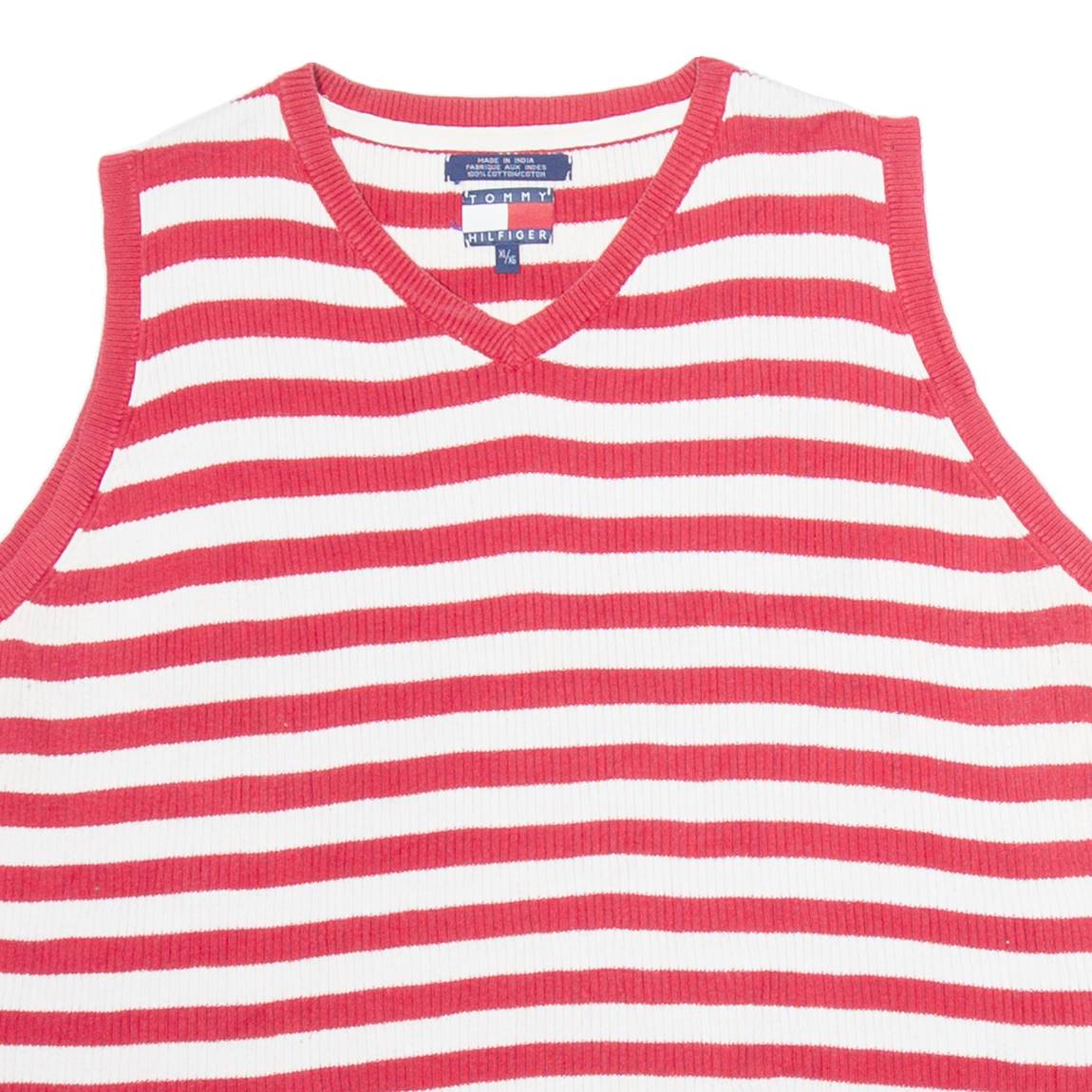 TOMMY HILFIGER Womens Jumper Red Striped V-Neck Tight Knit Sleeveless XL