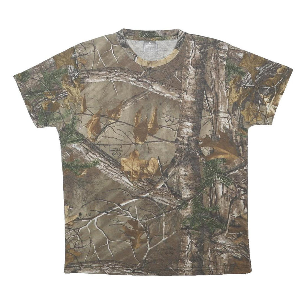 Mens Beige Brown Camouflage T-Shirt L Short Sleeve Crew Neck Realistic Tree