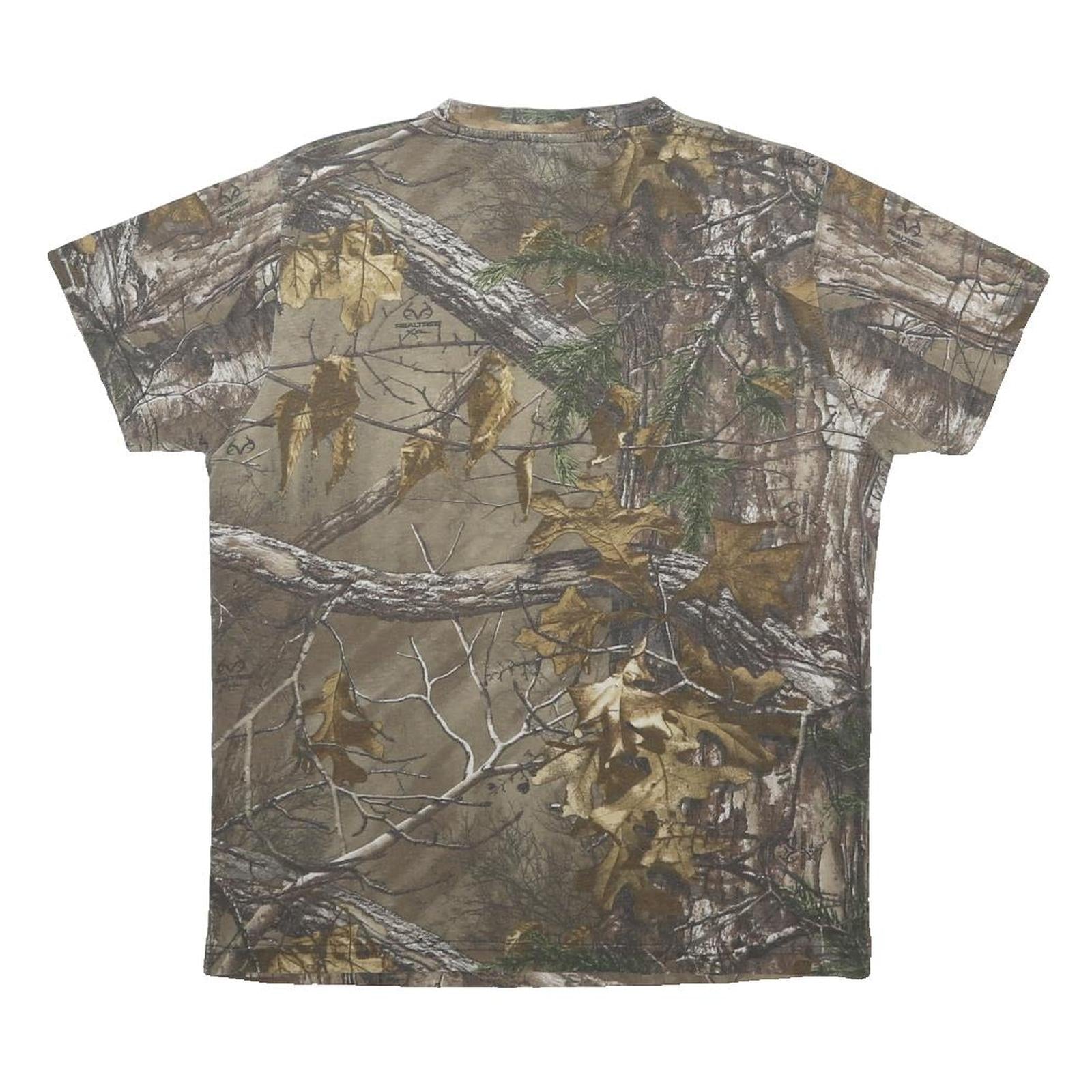Mens Beige Brown Camouflage T-Shirt L Short Sleeve Crew Neck Realistic Tree