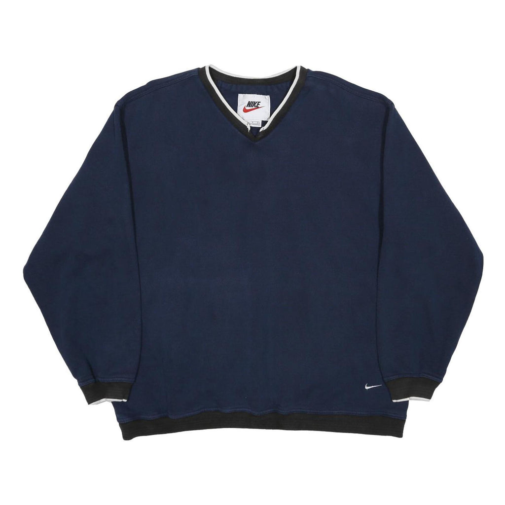 NIKE Mens Blue & Black & White V Neck Pullover L Cotton Blend Jersey Relaxed Fit