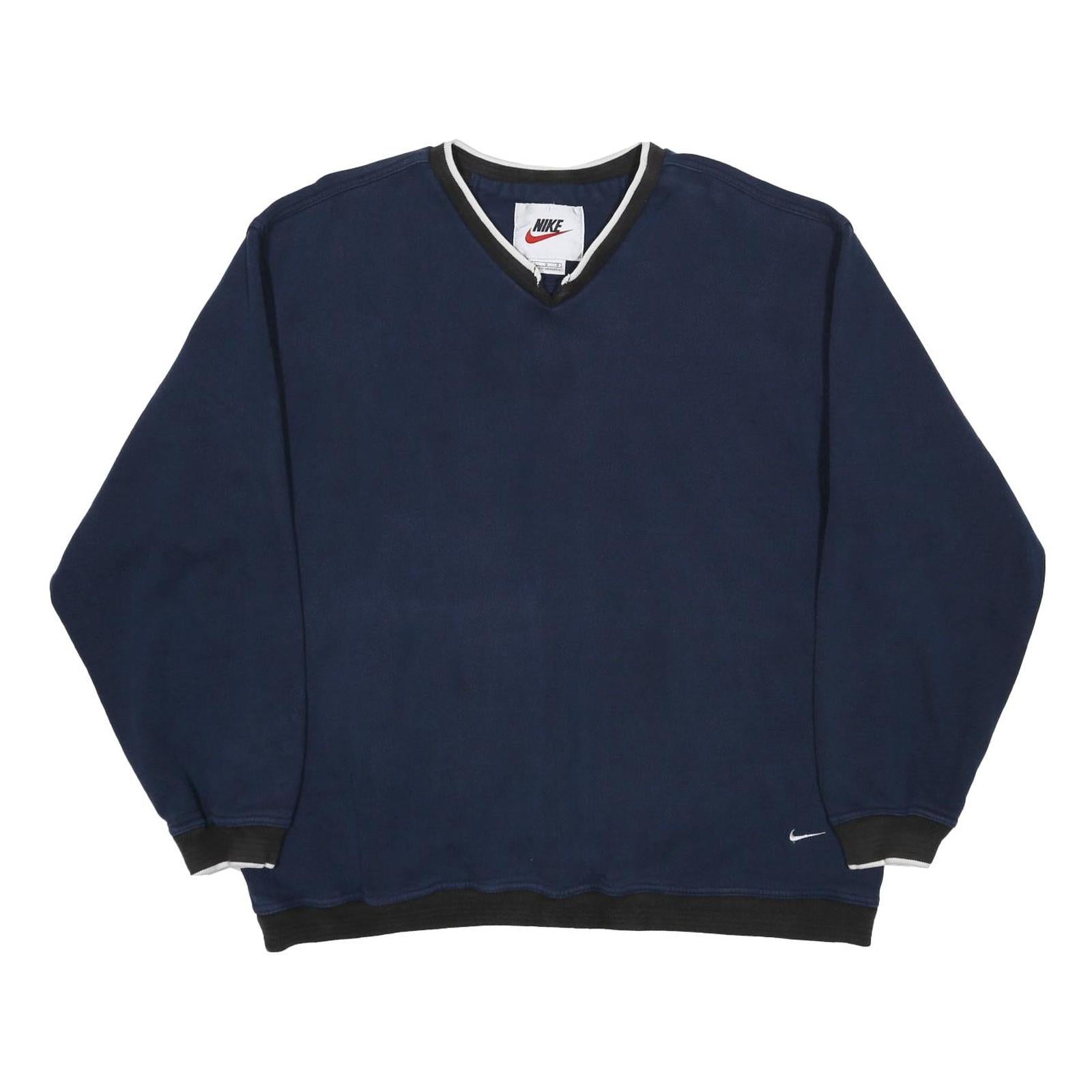 NIKE Mens Blue & Black & White V Neck Pullover L Cotton Blend Jersey Relaxed Fit