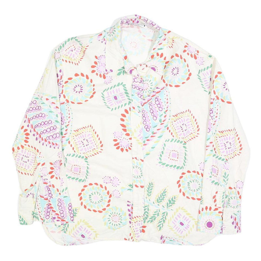 ZARA Womens White Printed Shirt Long Sleeve Collared L Cotton Blend Casual