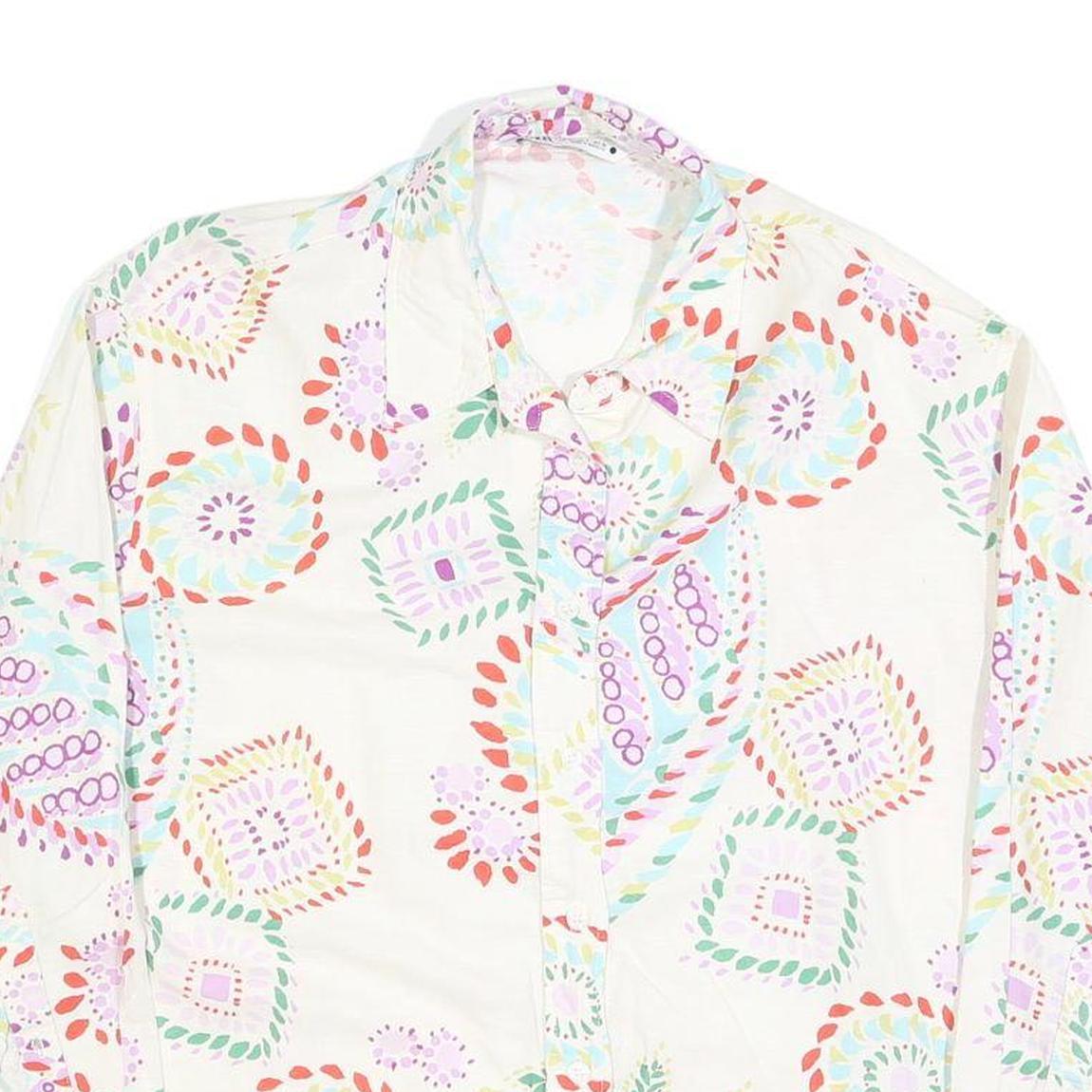 ZARA Womens White Printed Shirt Long Sleeve Collared L Cotton Blend Casual