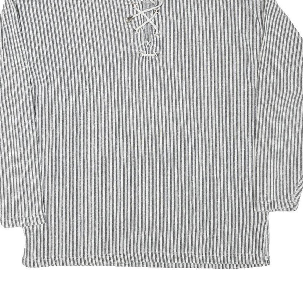 EASY WAY Mens Grey & White Striped Pullover Sweatshirt L Lace Up Neck Casual