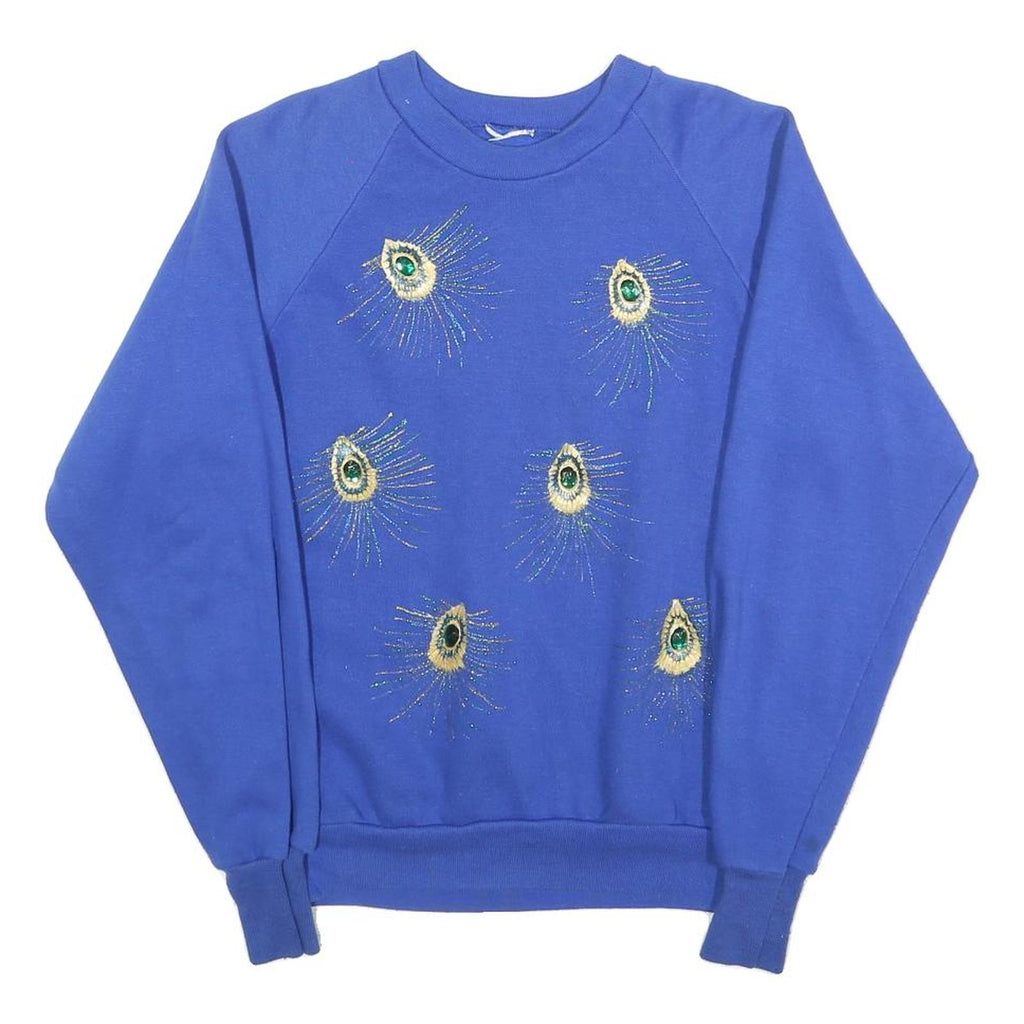 Womens Blue Crew Neck Sweatshirt S Cotton Blend Embroidered Peacock Feather