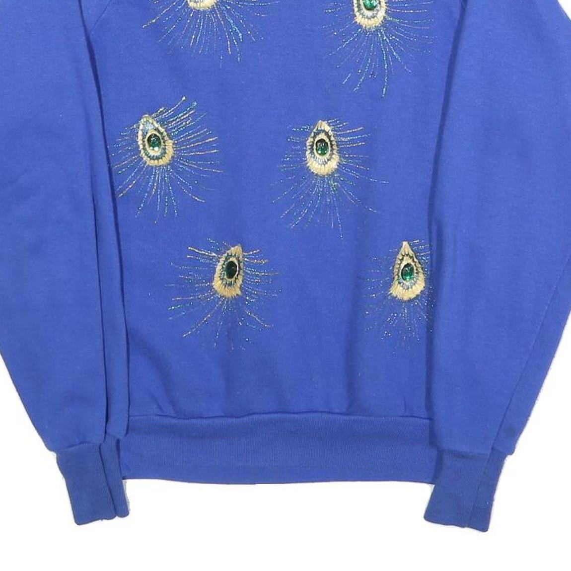 Womens Blue Crew Neck Sweatshirt S Cotton Blend Embroidered Peacock Feather