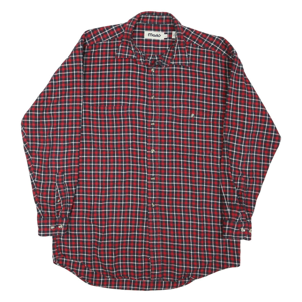 MARKS Mens Red & Blue Checked Shirt L Long Sleeve Cotton Casual Button Front