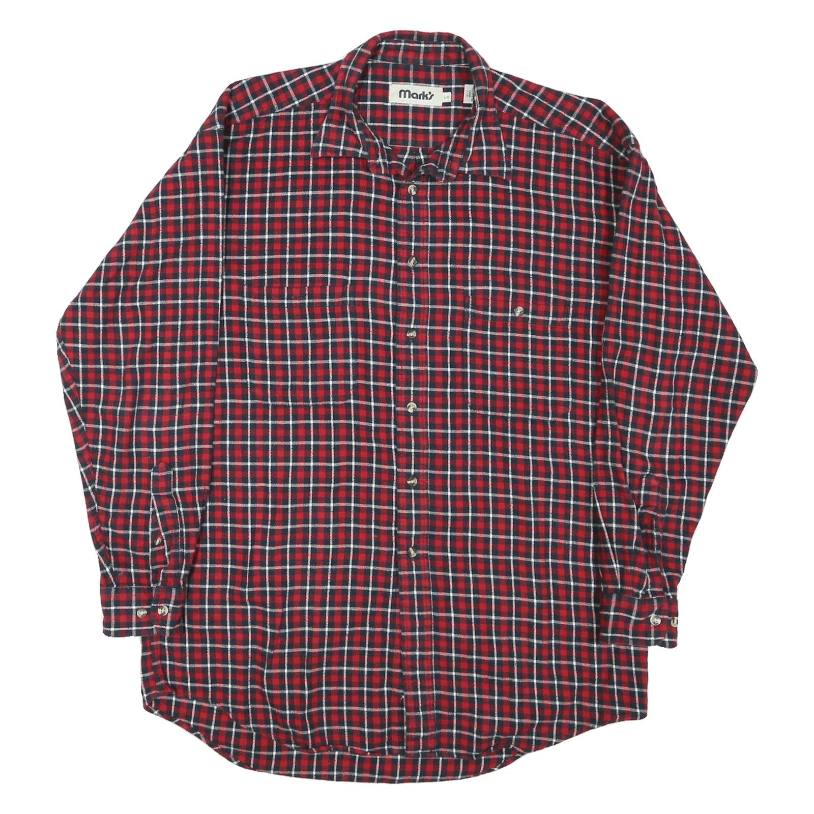 MARKS Mens Red & Blue Checked Shirt L Long Sleeve Cotton Casual Button Front